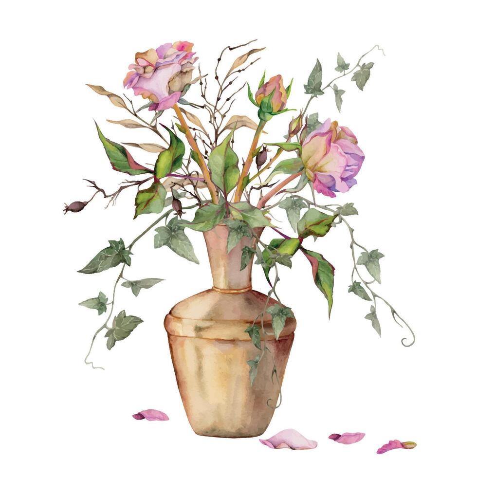 Hand gezeichnet Aquarell Illustration schäbig Boho botanisch Blumen Blätter. staubig Rosa Tee Rose, Efeu ranken, Lunaria Geäst. Strauß isoliert auf Weiß Hintergrund. Design Hochzeit, Blumen- Geschäft Karten vektor