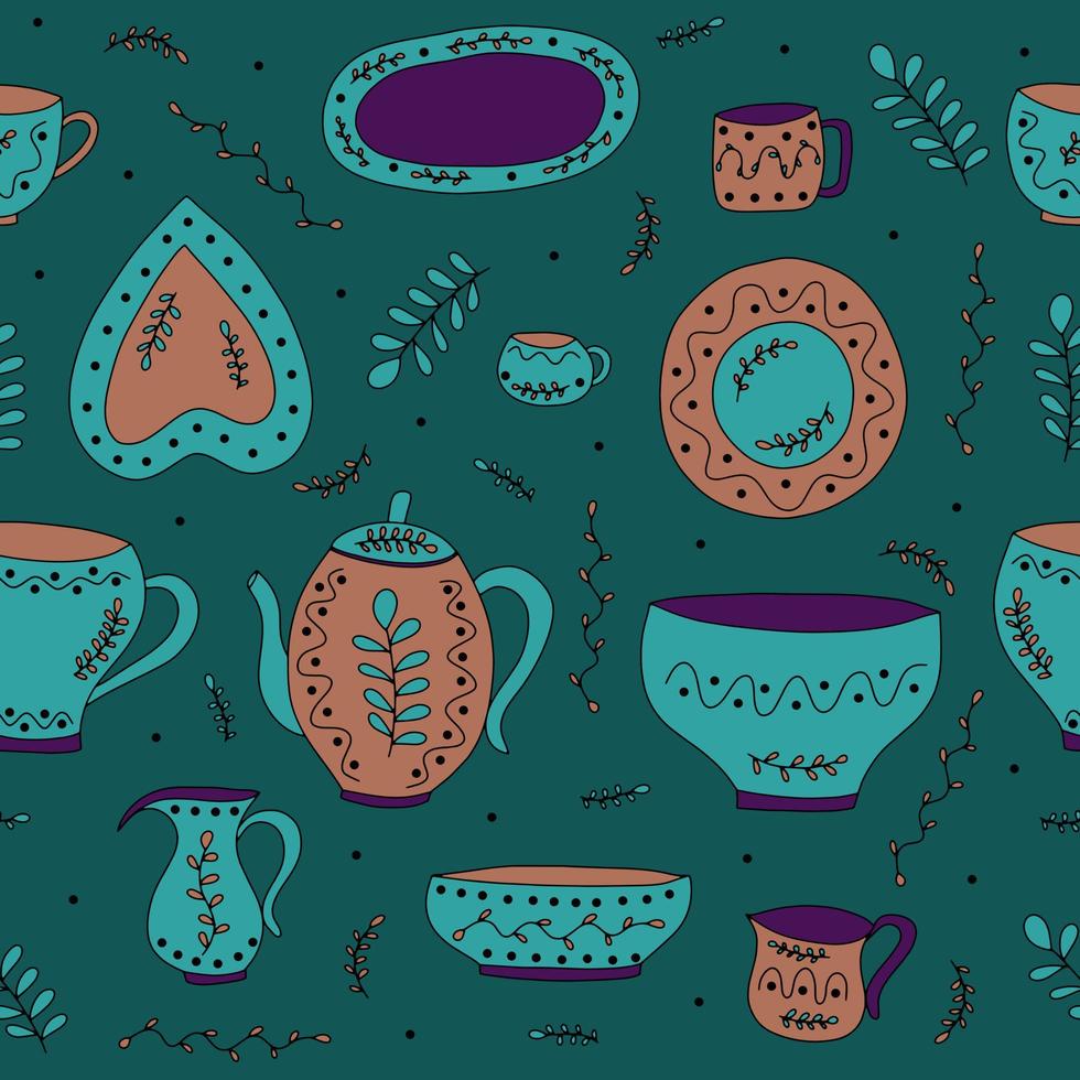 Vektor-Illustration nahtlose Muster mit bunten Keramikgeschirr. Keramikküchenartikel - Tassen, Teller, Schüsseln, Vasen, Wasserkocher, Schüssel. vektor