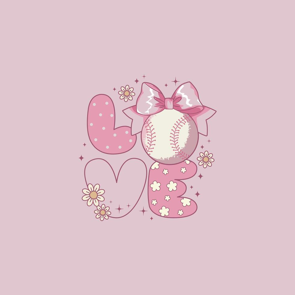 süß Kokette Stil Illustration von das Wort Liebe mit ein Baseball vektor