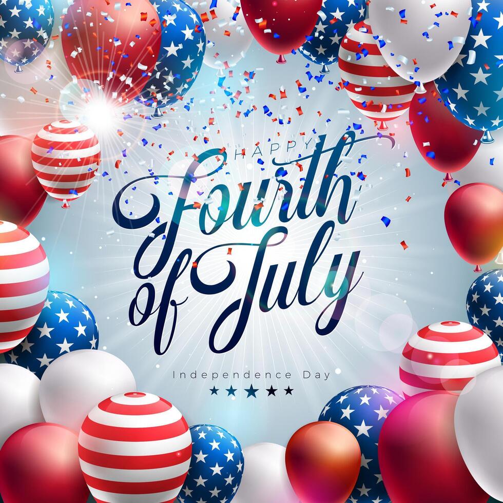 4:e av juli oberoende dag av de USA illustration med amerikan flagga mönster fest ballong och faller konfetti på ljus bakgrund. fjärde av juli nationell firande design med vektor