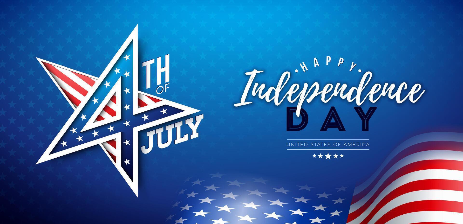 4 .. von Juli Unabhängigkeit Tag von das USA Illustration mit amerikanisch Flagge Muster 3d Star Symbol auf Blau Hintergrund. vierte von Juli National Feier Design zum Banner, Gruß Karte vektor