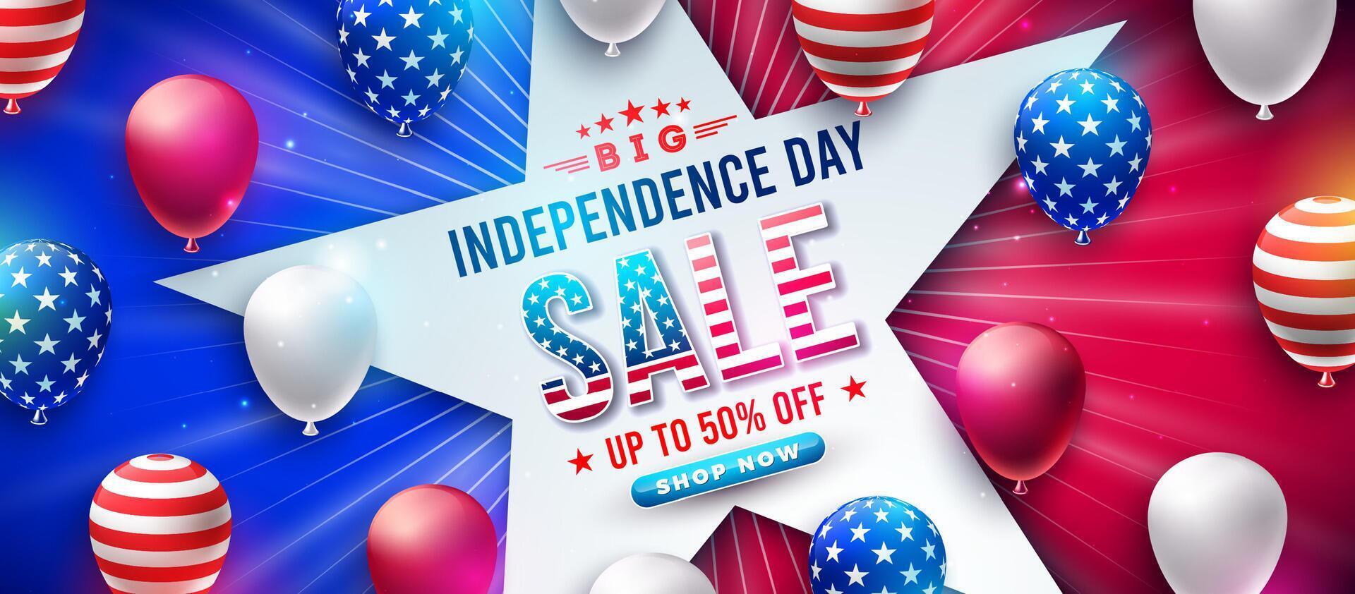 vierte von Juli Unabhängigkeit Tag Verkauf Banner Design mit Party Ballon auf rot und Blau Hintergrund. USA National Urlaub Illustration mit Besondere Angebot Typografie Elemente zum Coupon, Gutschein vektor