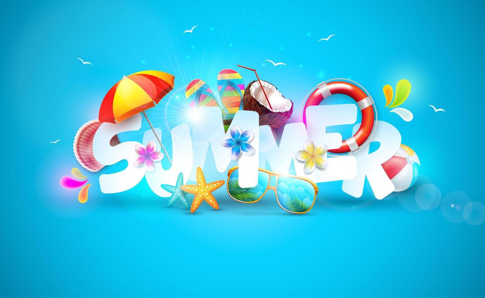 sommar Semester baner design med 3d text och färgrik strand element på hav blå bakgrund. blomma, tropisk växter och solsken för flygblad, inbjudan, broschyr, affisch eller hälsning kort. vektor