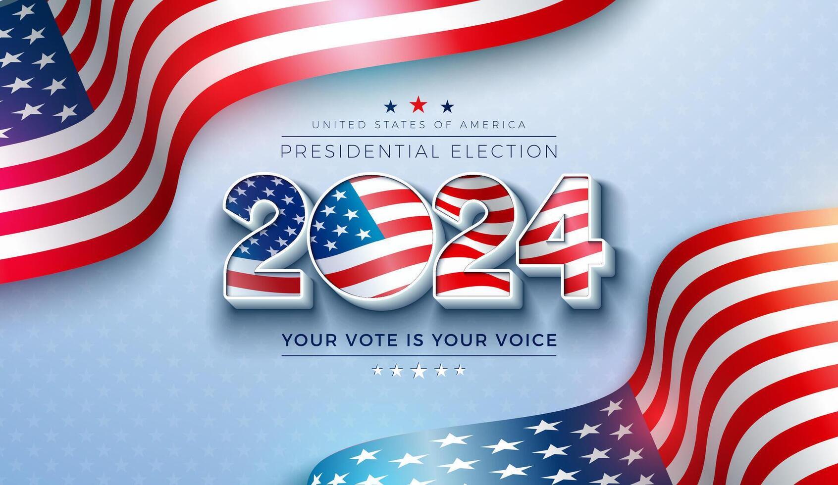 USA 2024 president- val baner illustration med amerikan flagga i text märka på ljus bakgrund. rösta dag, november 5. förenad stater val röstning design med typografi för affisch vektor