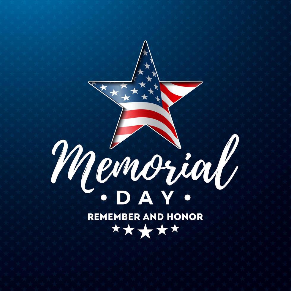 minnesmärke dag av de USA illustration med amerikan flagga i stjärna mönster och typografi text på blå bakgrund. nationell patriotisk firande design för baner, flygblad, hälsning kort eller vektor