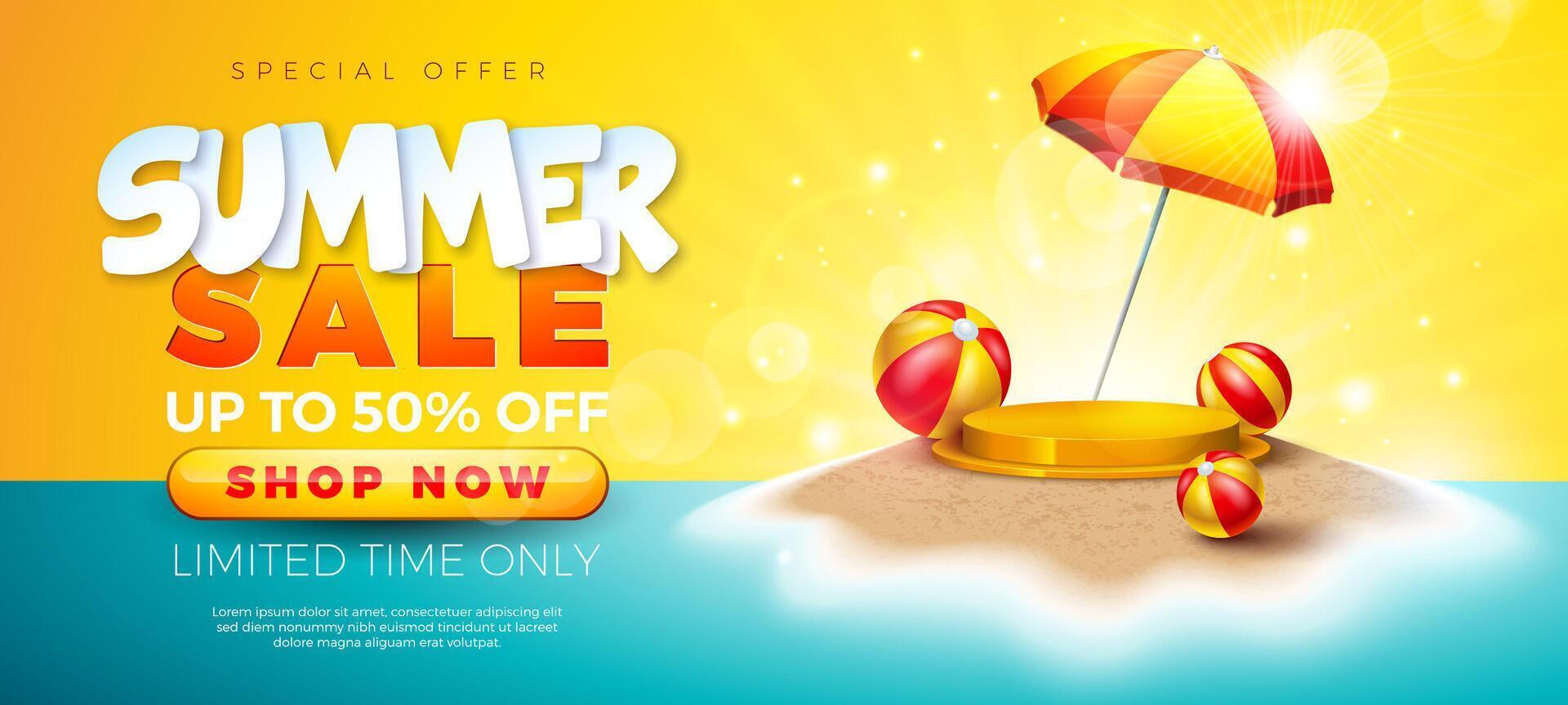 Sommer- Verkauf Design mit Bühne Podium, Sonnenschirm und Strand Ball auf tropisch sandig Insel Hintergrund. tropisch Geschäft Illustration mit Besondere Angebot Typografie zum Coupon, Gutschein, Banner vektor