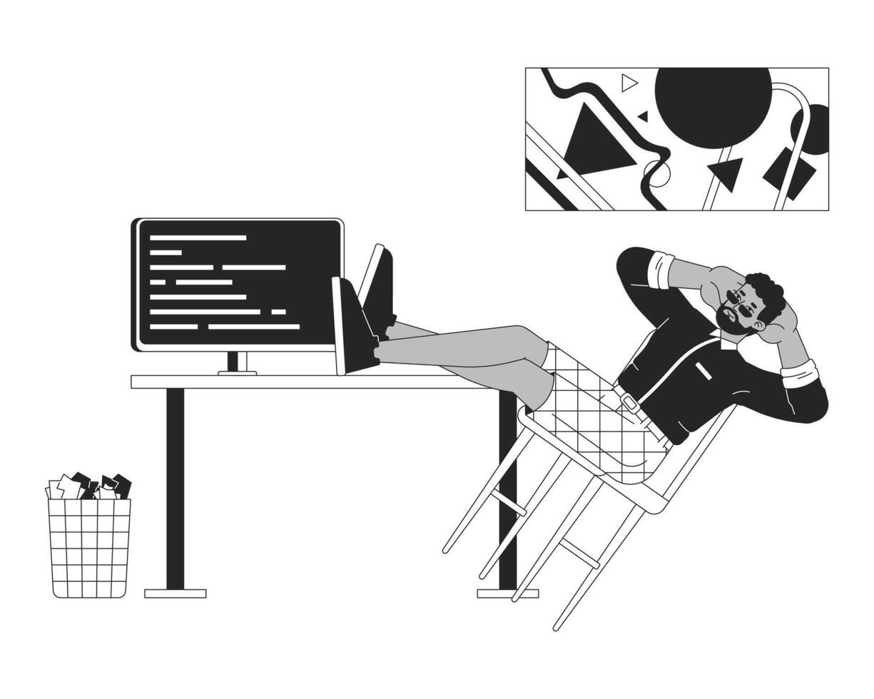 Software Entwickler ruhen beim Arbeitsplatz schwarz und Weiß 2d Linie Karikatur Charakter. schwarz männlich Netz Designer beim Zuhause Büro isoliert Gliederung Person. gemütlich Arbeit monochromatisch eben Stelle Illustration vektor