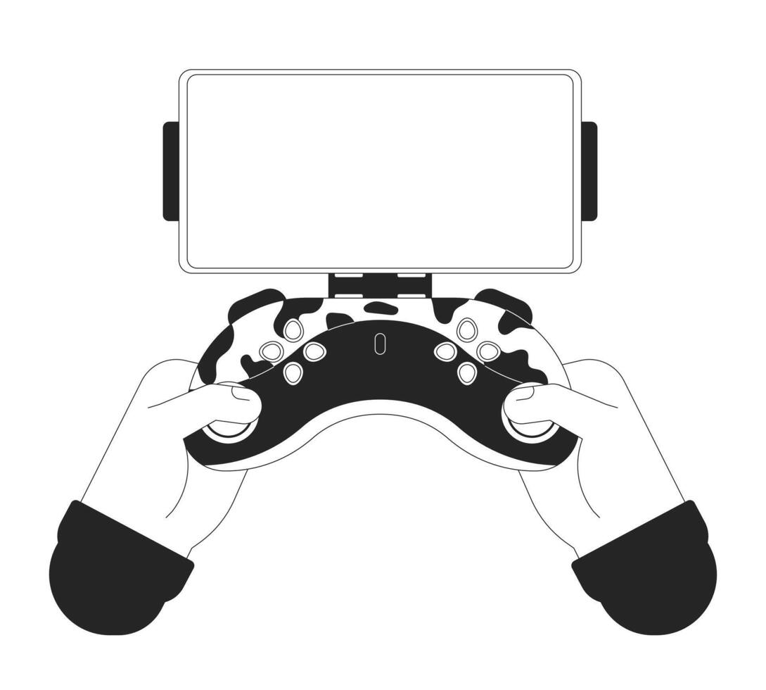 Telefon Halter zum Spiel Regler Karikatur Mensch Hände Gliederung Illustration. Gamepad Smartphone leeren Bildschirm 2d isoliert schwarz und Weiß Bild. Drücken Sie Tasten eben monochromatisch Zeichnung Clip Kunst vektor