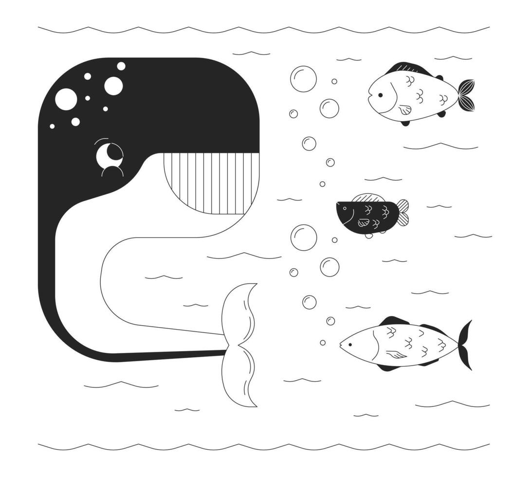 glücklich Wal mit Fische unter Wasser schwarz und Weiß 2d Linie Karikatur Figuren. tief Ozean Kreaturen isoliert Gliederung Persönlichkeiten. recherchieren Marine Leben monochromatisch eben Stelle Illustration vektor