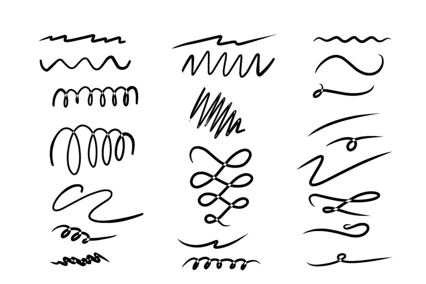 uppsättning konstnärliga pennborstar. handritade grungeslag. doodle designelement. handritad samlingsuppsättning av understrykningsslag i markörpensel doodle -stil. vektor