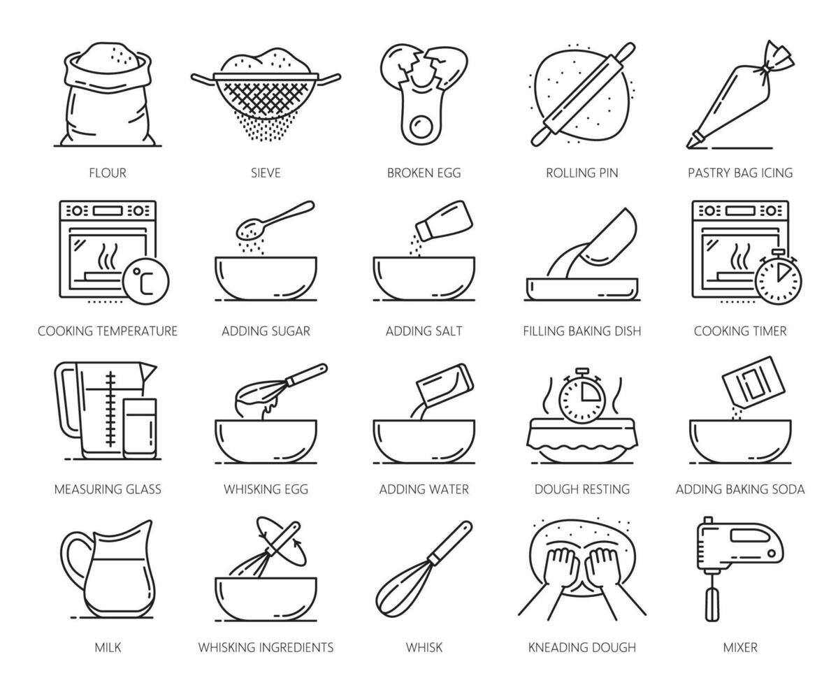 Zuhause Bäckerei Gebäck Symbole, Kochen Rezept Symbole vektor