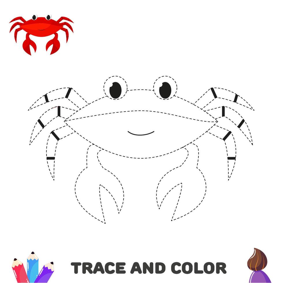 spår och Färg krabba. handstil öva för förskolebarn. aktivitet Färg sidor vektor
