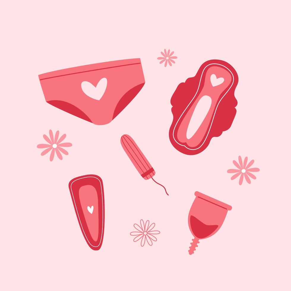 einstellen von Menstruation Zeitraum Produkte. Hose, Pads, Tampon und Täglich Pad, voll Menstruation- Tasse. vektor