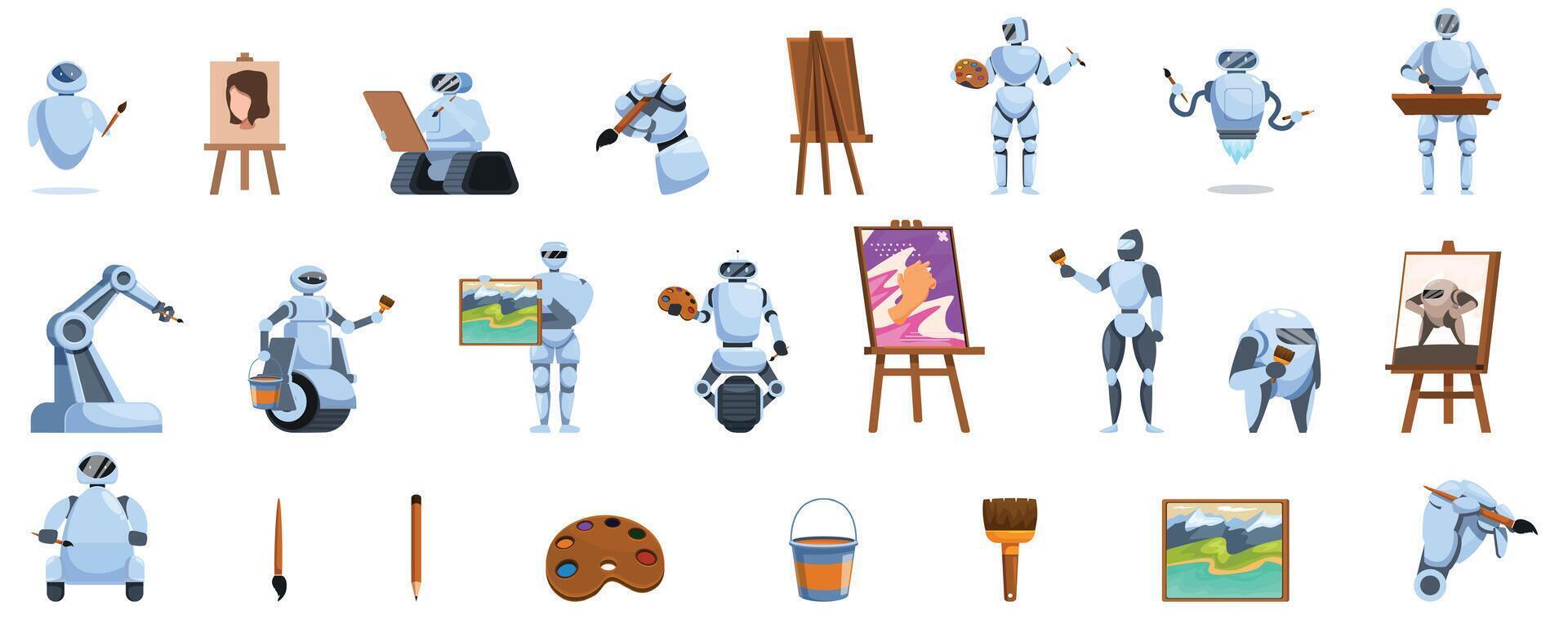 Roboter Künstler Symbole einstellen Karikatur . Bild Maler vektor