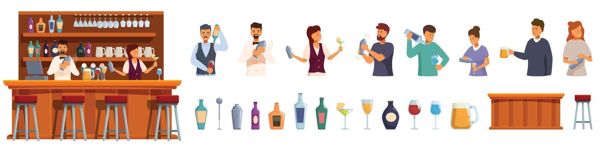 bartender framställning cocktail ikoner uppsättning tecknad serie . pub disken vektor