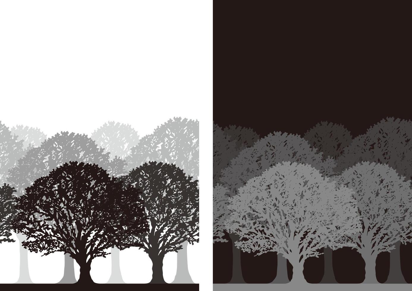 einfarbig tagsüber und Nacht Zeit nahtlos Wald Silhouette Illustration einstellen mit Text Raum. horizontal wiederholbar. vektor