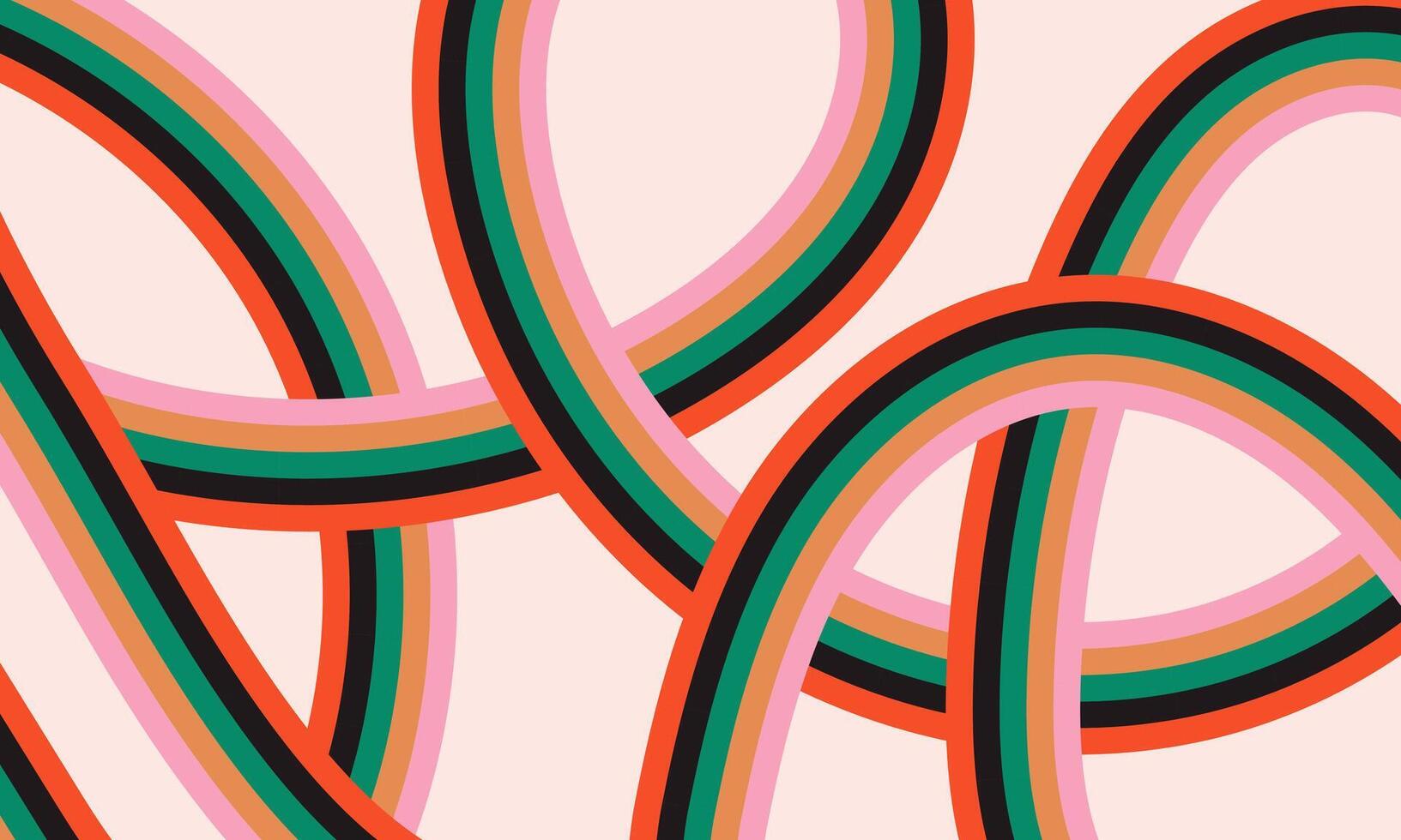 retro groovig abstrakt Hintergrund. multi farbig Kurve Streifen auf blass Rosa Hintergrund. Jahrgang Hintergrund im 60-70er Hippie Stil. Hand gezeichnet Design vektor