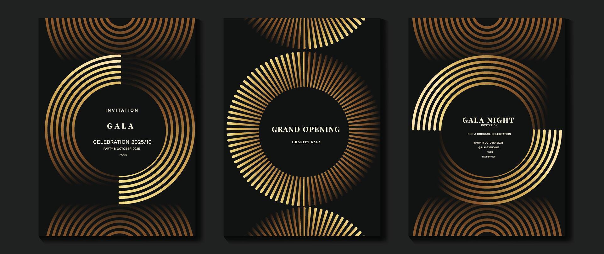 lyx inbjudan kort bakgrund . gyllene elegant geometrisk form, guld rader lutning på mörk bakgrund. premie design illustration för gala kort, stor öppning, bröllop, fest inbjudan. vektor