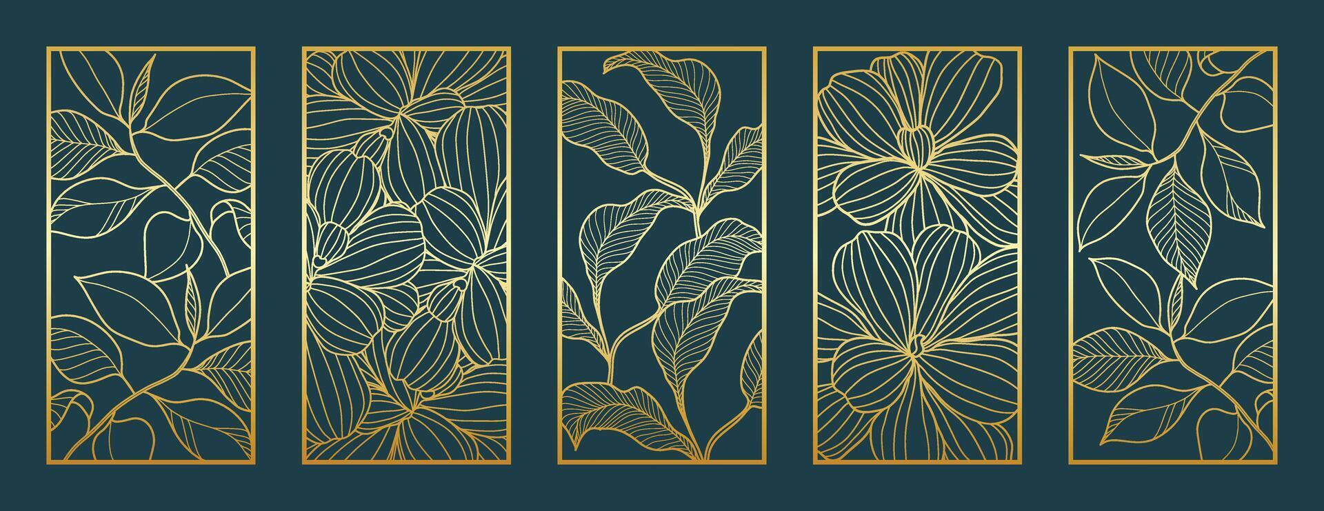 Gold botanisch Linie Kunst Muster Sammlung. Laser- Schnitt mit Linie Design Muster. Design zum Holz Carving, Mauer Panel Dekor, Metall Schneiden, Mauer Kunst, Startseite Hintergrund, Hintergrund und Banner. vektor