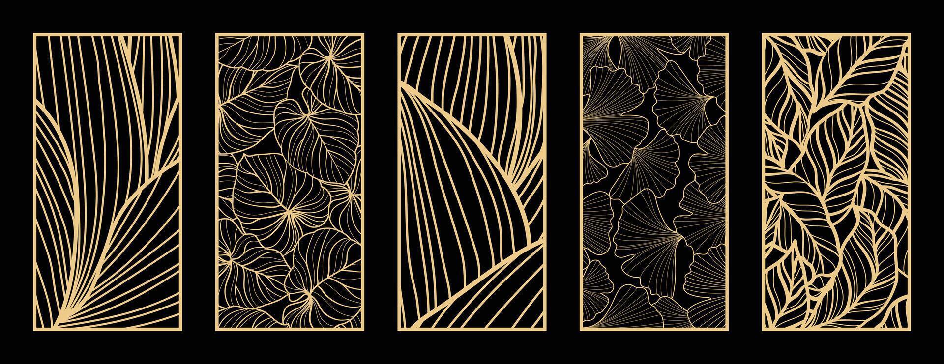 guld botanisk linje konst mönster samling. laser skära med linje design mönster. design för trä träsnideri, vägg panel dekor, metall skärande, vägg konst, omslag bakgrund, tapet och baner. vektor