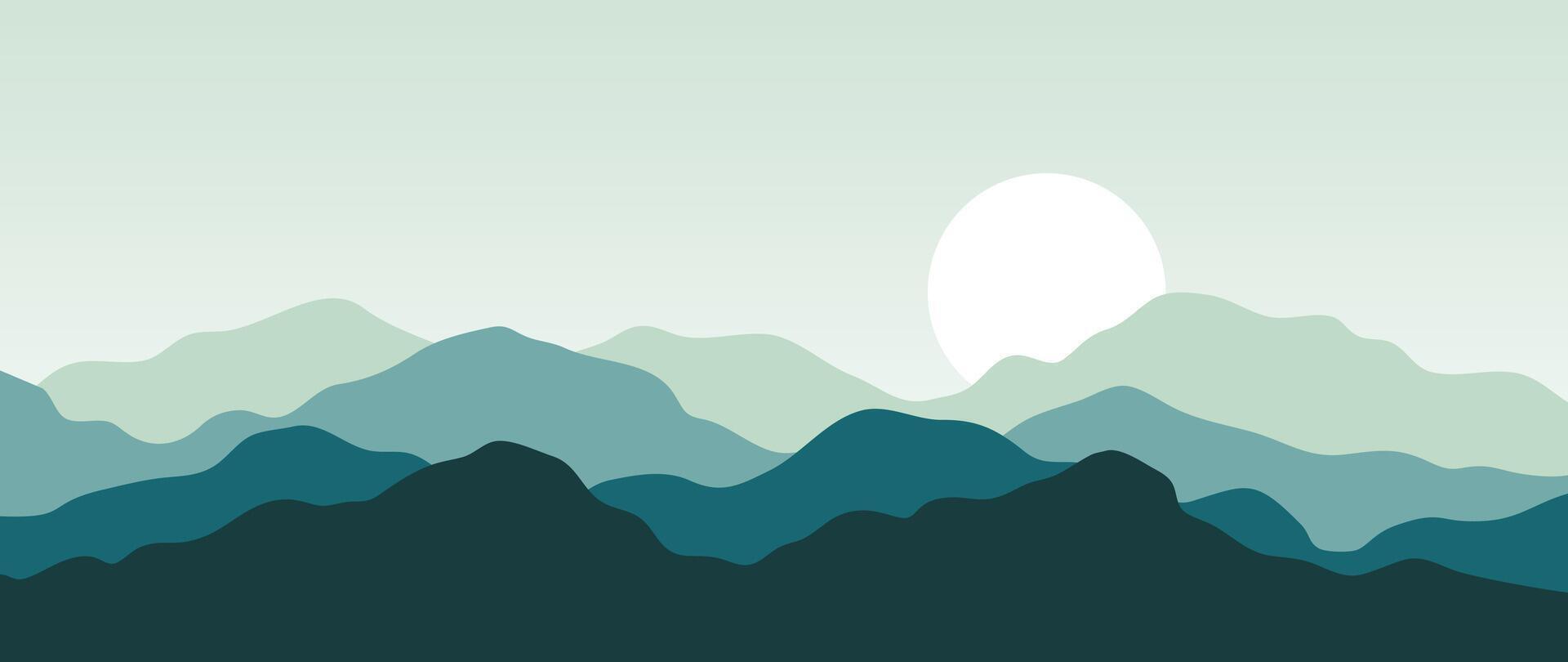 Berg minimal Hintergrund . abstrakt Landschaft Hügel mit Grün Farbe, Sonne, Mond. Natur Aussicht Illustration Design zum Zuhause Dekor, Hintergrund, Drucke, Banner, Innere Dekor. vektor