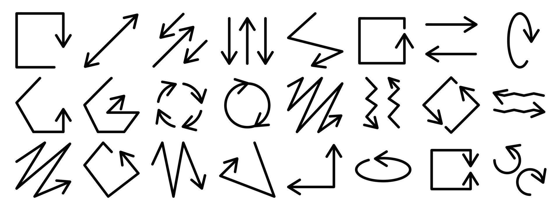 uppsättning av svart hand dragen pil element . samling av klottra klotter pilar, rader, symbol, pekande märke, former på vit bakgrund. enkel ikon illustration för utbildning, dekoration, Karta. vektor