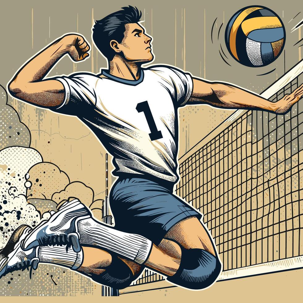 en spelare hoppa till skjuta en strand volleyboll framför av de netto årgång graverat vektor