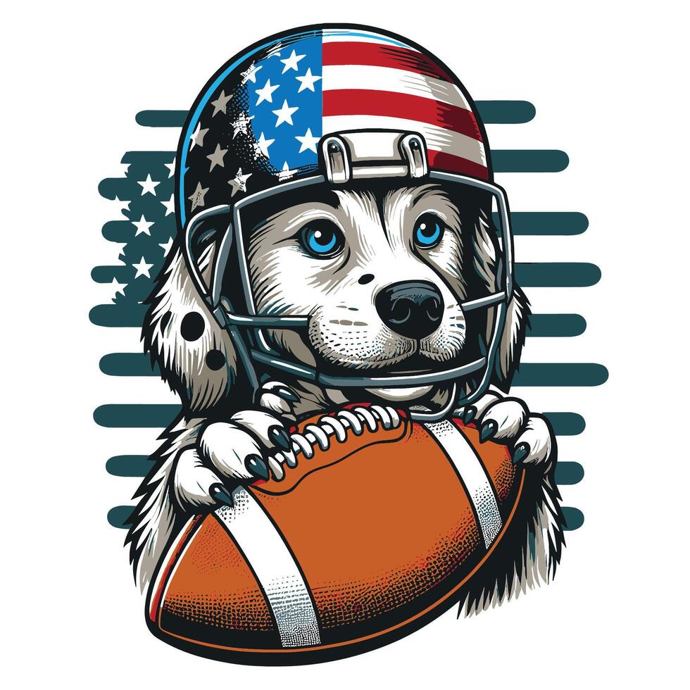 en söt hund bär hjälm och innehav ett amerikan fotboll komisk stil vektor