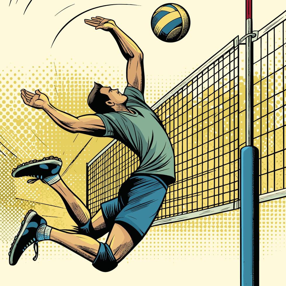 ein Spieler springen zu schießen ein Strand Volleyball vor von Netz Jahrgang graviert Stil vektor