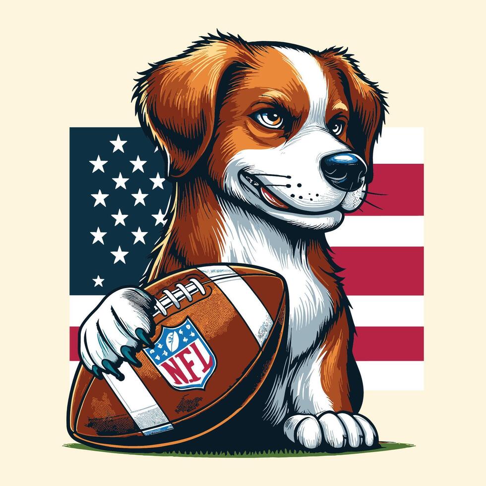 ein süß Hund Sitzung und halten ein amerikanisch Fußball mit Flagge vektor