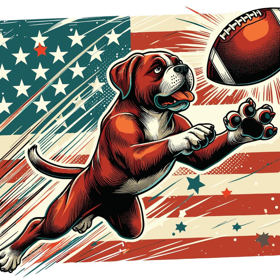 en bulldogg Hoppar till fånga ett amerikan fotboll vektor