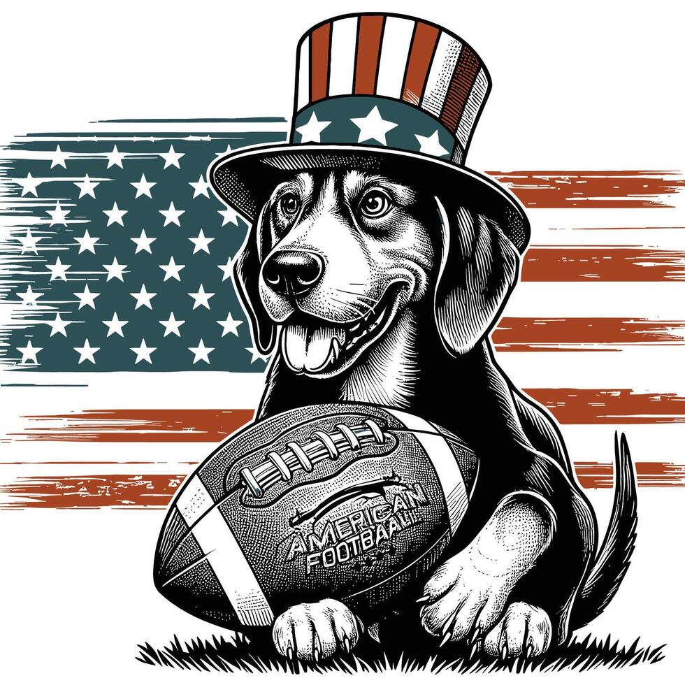 ein entlebucher Berg Hund tragen amerikanisch Hut mit halten ein amerikanisch Fußball und amerikanisch Flagge vektor