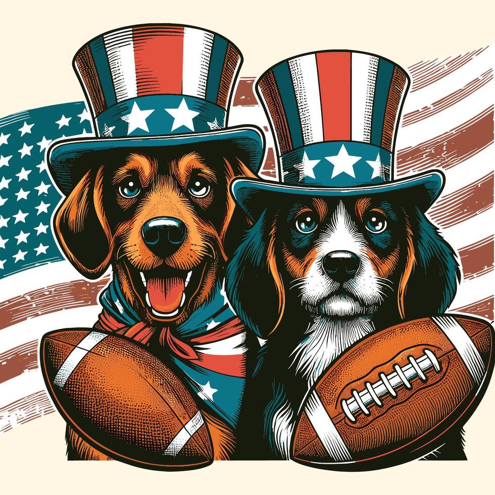 zwei süß Hunde mit amerikanisch Fußball Jahrgang Comic Stil vektor