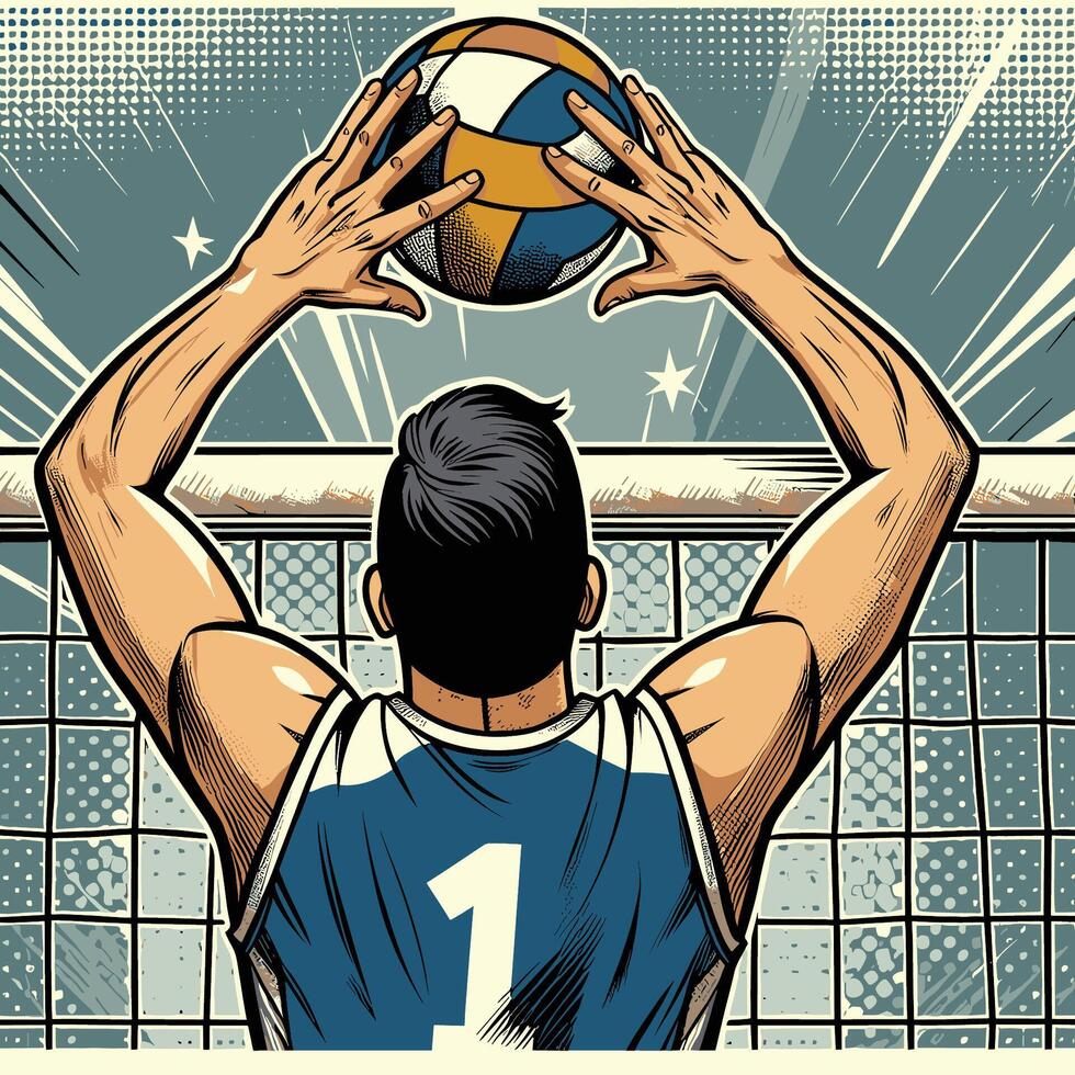 en spelare öka en strand volleyboll framför av de netto årgång graverat vektor