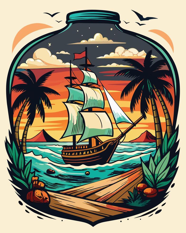 Jahrgang Segelboot im das Meer mit Palme Bäume und Sonnenuntergang. Illustration vektor