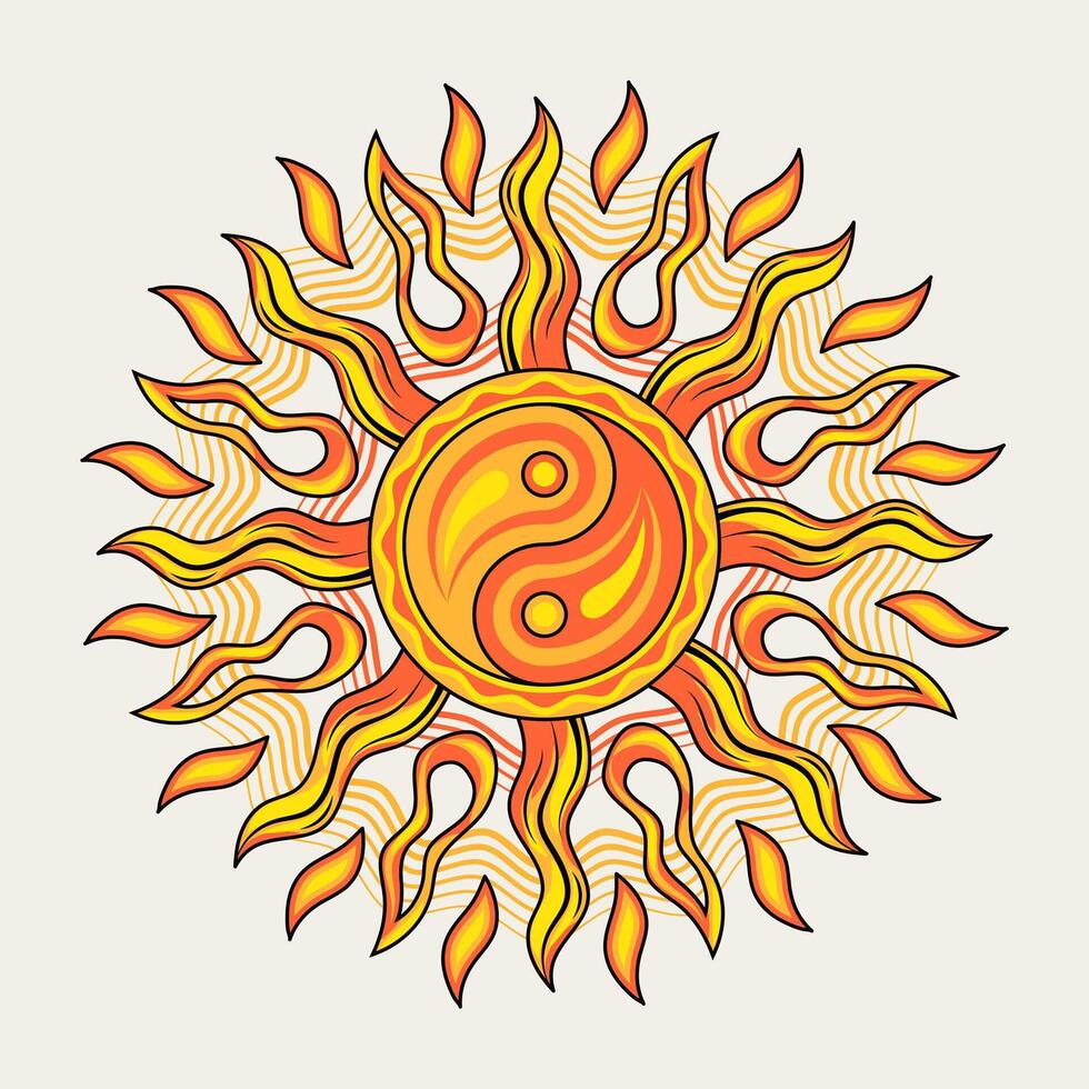 Sol med ying yang symbol. begrepp av harmoni och balans. illustration i årgång stil på vit bakgrund. sol- tecken, alkemi och astrologi symbol. Bra för häftig, hippie stil vektor