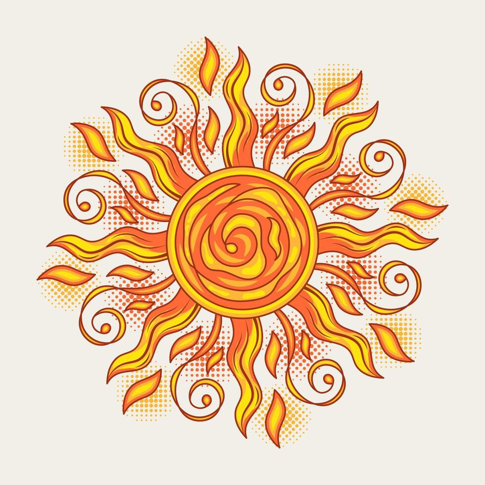 Sonne mit Spiralen, wirbelt, Halbton Formen. Konzept von Harmonie und Gleichgewicht. Illustration im Jahrgang Stil auf Weiß Hintergrund. Solar- traditionell unterzeichnen. gut zum groovig, Hippie Stil vektor