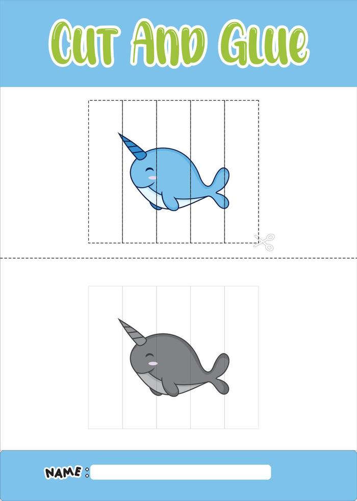 schneidet und klebt den Narwal. Tier niedlicher Cartoon-Narwal für Kinder vektor