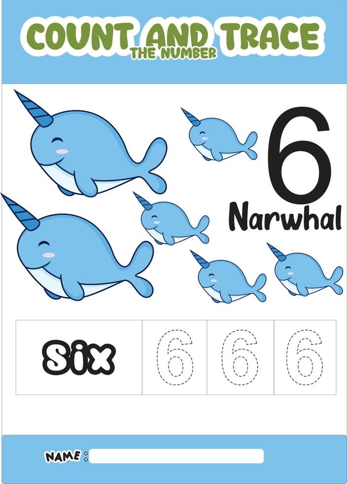 Nummerierung Spur und Farbe Narwal .für Kinder. vektor