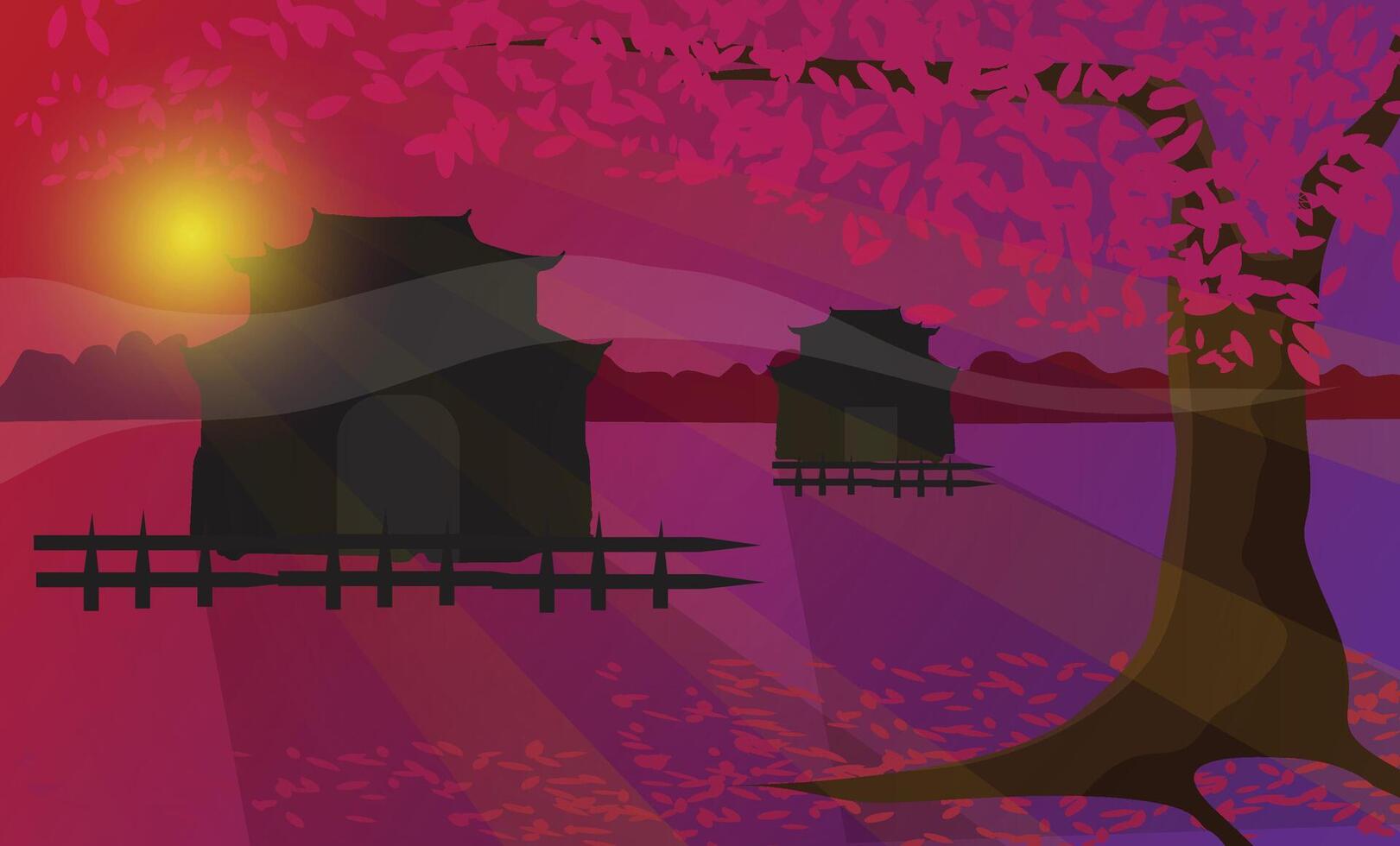 skön fantasi landskap bakgrund med rosa blad japansk träd och buddist tempel silhuett med soluppgång eller solnedgång se. falla säsong begrepp illustration. vektor