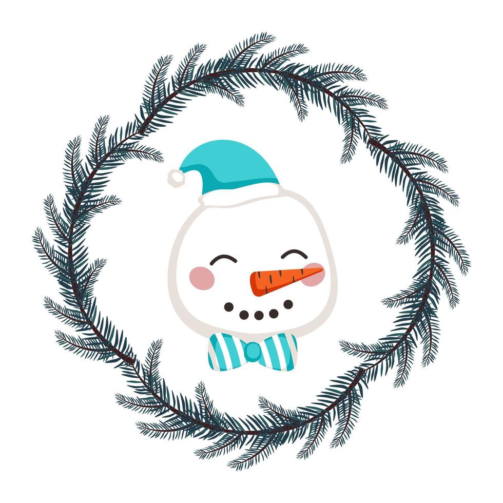söt snögubbe i hatt och rosett i barnslig stil med ram från festlig julkrans. rolig karaktär med glada ansikte. platt vektorillustration för semester och nyår vektor