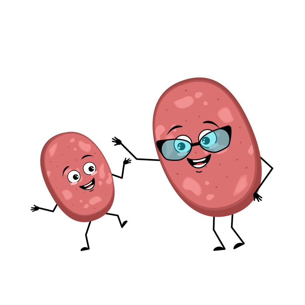 süßer Wurstcharakter mit fröhlichen Emotionen, glücklichem Gesicht, Lächeln, Augen, Armen und Beinen. lustige Mahlzeit oder Fleischsnack. flache Vektorgrafik vektor