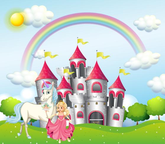 Hintergrundszene mit Prinzessin und Einhorn am rosa Schloss vektor