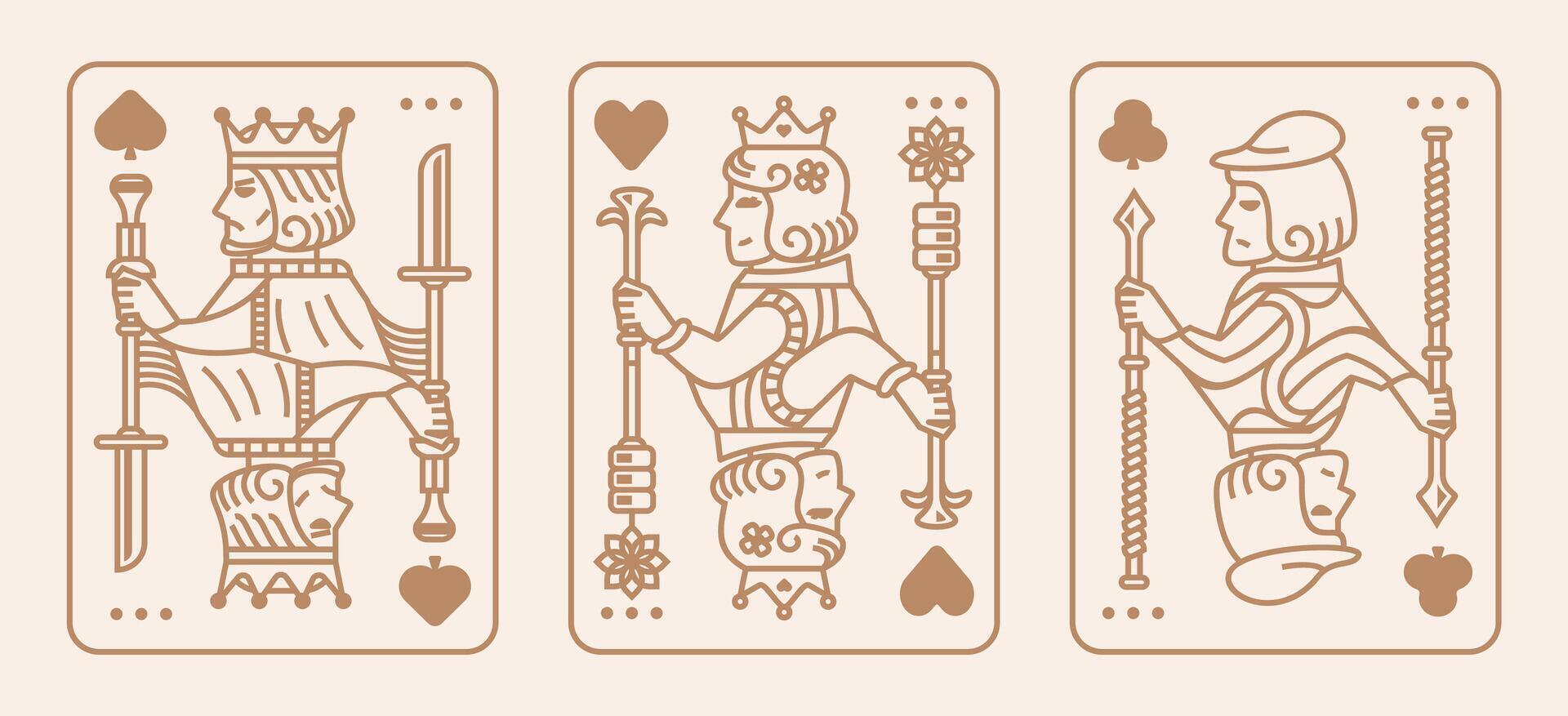kung och drottning kort illustration uppsättning av hjärtan, spade, diamant och klubb, kunglig kort design samling vektor