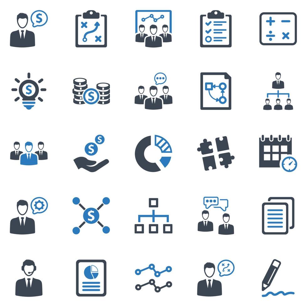 Business-Planung-Icon-Set - Vektor-Illustration. Geschäft, Planung, Strategie, Geschäftsmann, Investor, Konversation, Diskussion, Besprechung, Hierarchie, Management, Manager, Symbole . vektor