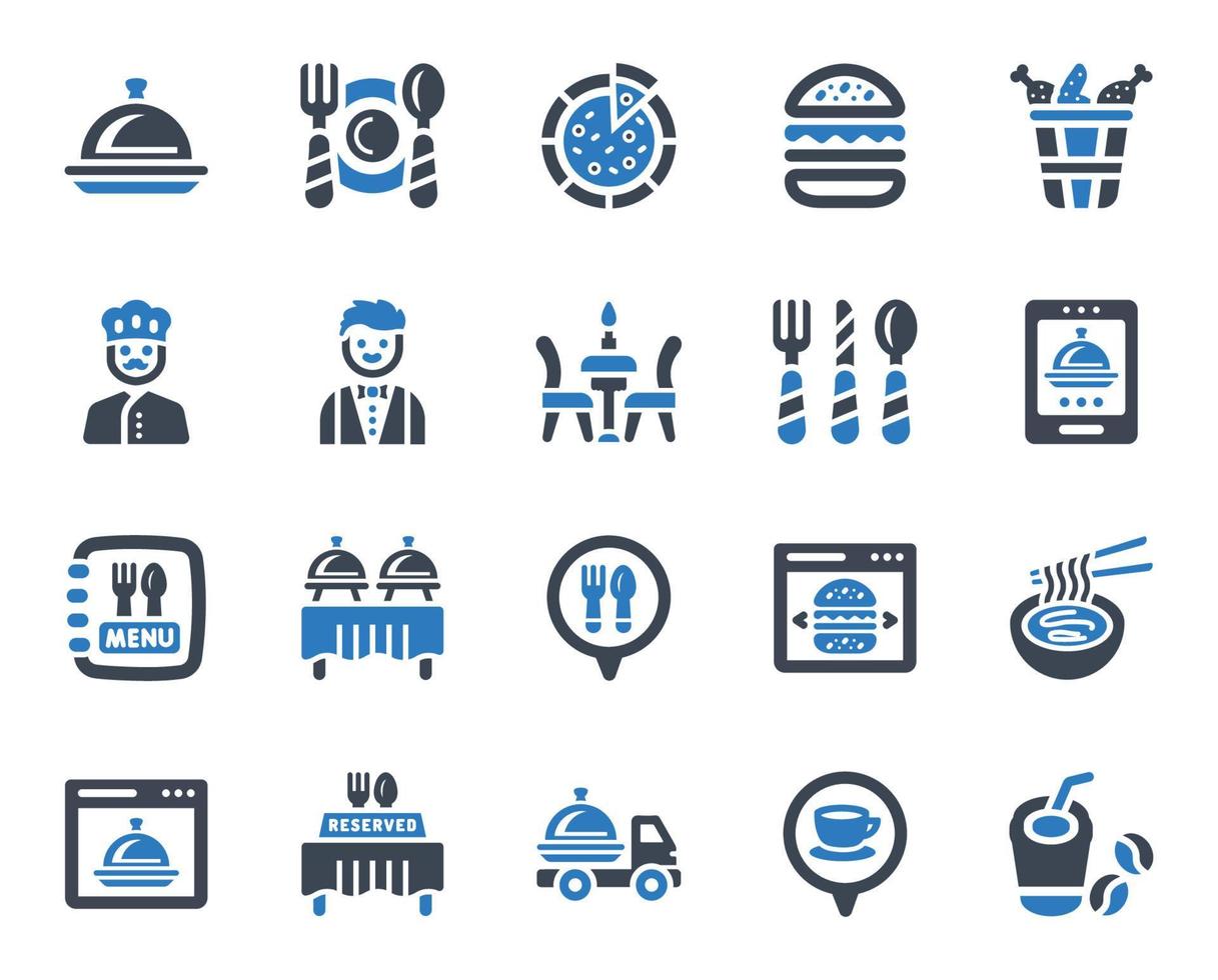 restaurang ikonuppsättning - vektorillustration. restaurang, äta, mat, mat, kock, servitör, kock, matlagning, service, catering, leverans, ikoner. vektor