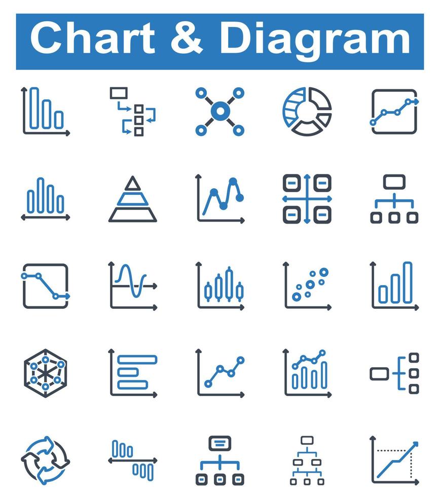 Diagramm-Icon-Set - Vektor-Illustration. Diagramm, Grafik, Diagramm, Analyse, Analyse, Linie, Flussdiagramm, Workflow, Hierarchie, Struktur, Symbole. vektor