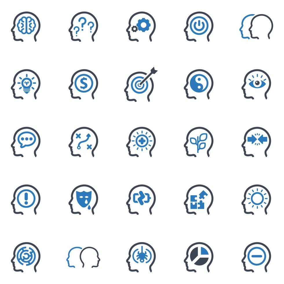 Psychologie-Icon-Set - Vektor-Illustration. Psychologie, Mensch, Kopf, Gehirn, Brainstorming, Verstand, Idee, Kreativität, Ausrüstung, Lösung, Strategie, Denken, Symbole. vektor