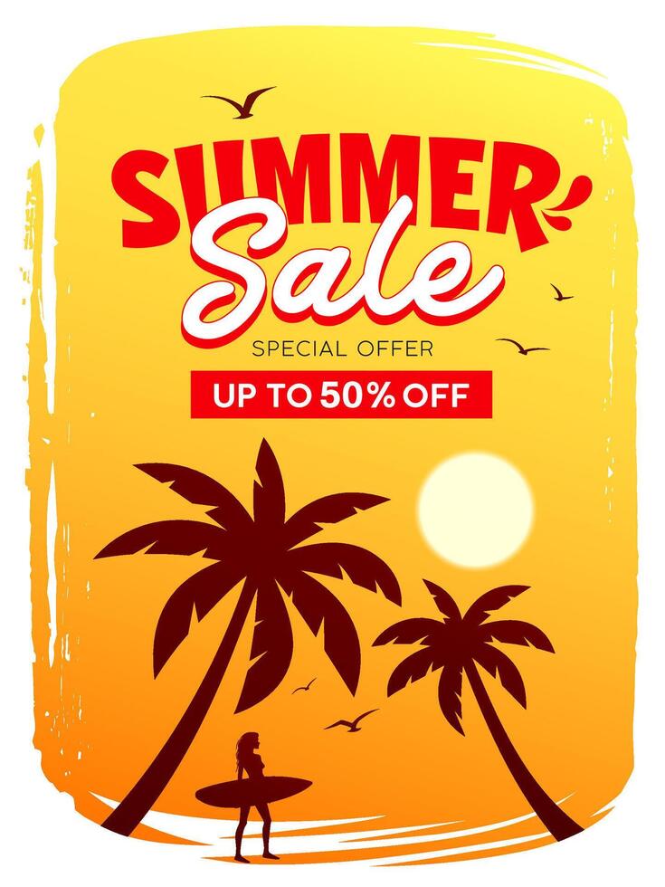 sommar försäljning, silhuett kokos träd och kvinna stående innehav en surfbräda, affisch flygblad Semester design gul och orange bakgrund vektor