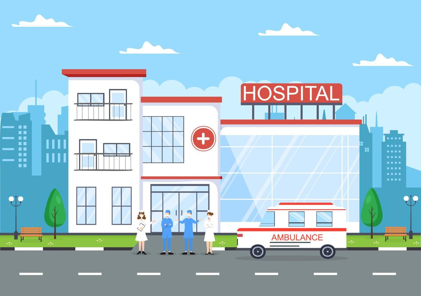 sjukhusbyggnad för sjukvård bakgrund vektorillustration med, ambulansbil, läkare, patient, sjuksköterskor och medicinsk klinik exteriör vektor